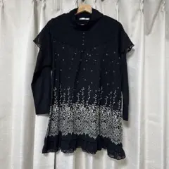 黒 Tシャツ ブラック 長袖 レース 3L 花柄