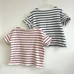 無印　ネイビーと白、オレンジと白 ボーダーレディースS半袖Tシャツ 2枚セット