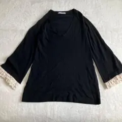 DEICY デイシー 袖フリルニット レース チュニック Vネック ブラックのサムネイル