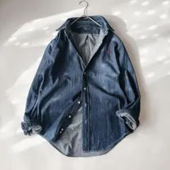 ジムフレックス ボタンダウン 長袖 デニムシャツ ロゴ刺繍 濃紺 オーバーサイズ