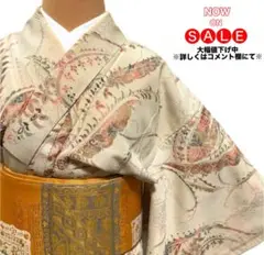 【A0129】着物 小紋 袷 灰みの生成 正絹 対象身長～150cm 送料無料