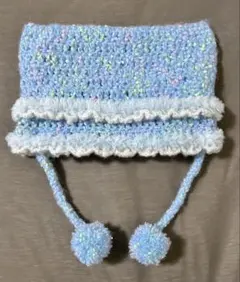 2段フリル　猫耳ニット帽　水色