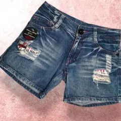 Y2K平成ギャル鬼ヒゲダメージワッペン英字ロゴ赤ステッチデニムショーパン00s