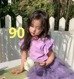 Tシャツ　フリル　キッズ　ベビー　子供服　パープル　女の子　半袖　無地　90