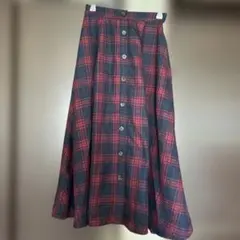 黒赤チェック フレアロングスカート　M