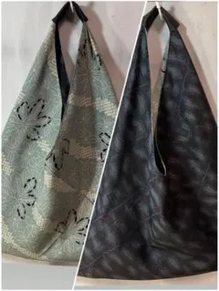 大島紬×アンティーク着物三角バッグリバーシブルハンドメイド（５３８）