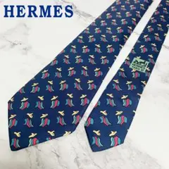 N133【総柄】HERMES★ネクタイ シルク100% フランス製　紺のサムネイル
