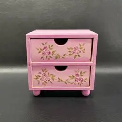 【未使用品】トールペイント作品　「木製ミニチェスト 2段」　ローズペイント　在銘のサムネイル
