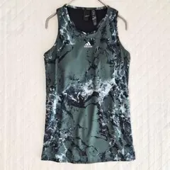 adidas　カップ付きブラタンクトップ　L　グリーンマーブル柄
