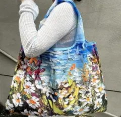 折りたたみ式油絵風エコバッグ　マーガレット柄　防水トート スーパーや旅行に最適のサムネイル