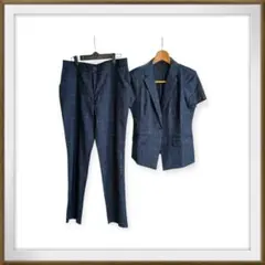 パンツスーツ レディース ビジネス チェック柄 半袖 ネイビー XL