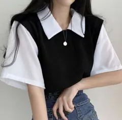 カットソー 半袖 ポロシャツ風 韓国系学生服風 ベスト シャツ プルオーバー