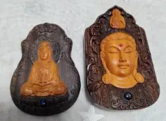 하트 경전이 있는 티베트 앤티크 목조 불상 2종 세트