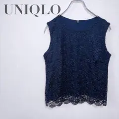 f42【ユニクロ】花柄レースタンクトップ　ネイビー　ブラウス　クールネック