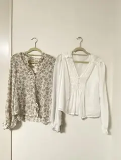 2枚セット 花柄 オフホワイト ドット柄 水玉 レース ホワイト シフォン 長袖