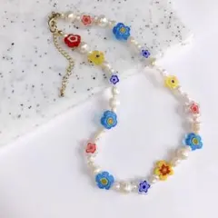 ミルフィオリ　ネックレス　ビーズ　チョーカー　淡水パール　ハンドメイド　フラワー