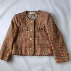 美品 チェック柄 ノーカラージャケット　M