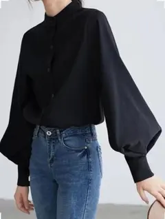 新品　黒のバルーン袖シャツ　ブラウス　トップス　ブラック　M 韓国ファッション