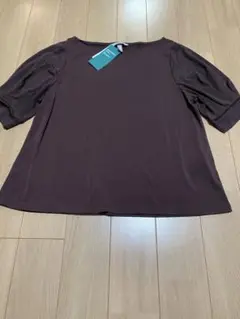 新品 H＆M 袖パフトップス ブラウン M カットソーリブ オフィス仕事 清楚1