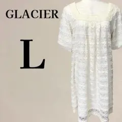 【美品】グラシア GLACIER レース 半袖 膝丈 ワンピース L アイボリー