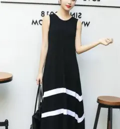 黒 ワンピース ロング丈 Aライン 白ボーダー 韓国 体型カバー レディース