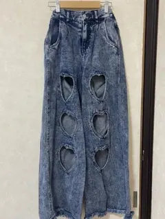 Ank Rouge ハート型カットアウト ケミカルウォッシュ ワイドパンツ