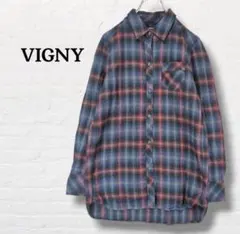 ヴィ二ー VIGNY☆ネルシャツ チェック柄　ブルー　紺色