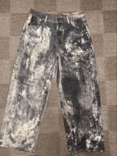 超希少 ブリーチ加工 ワイドデニムパンツ ケミカルウォッシュ 総柄 灰 L相当