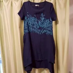 Wang Yi Ge ネイビー花柄チュニック 半袖