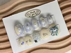 716 現品ネイル 泡色でかパールとアイボリーらくがき個性的ちぐはぐ韓国風ネイル