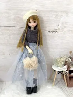 22cmドール服 ふわふわチュールスカート♡くすみブルー♡コーデ3点セット