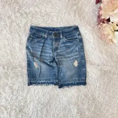 クラッシュデニム ショートパンツ W61 ヴィンテージ風　アメカジ　フリンジ