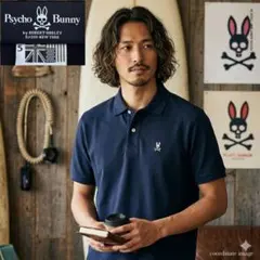 サイコバニー ポロシャツ ネイビー L ロゴ 刺繍 スカルバニー ピマコットンのサムネイル