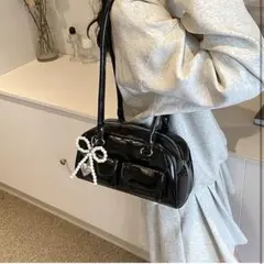 新品 パールリボン 黒 ブラック ボストンバッグ 肩がけ ショルダーバッグ