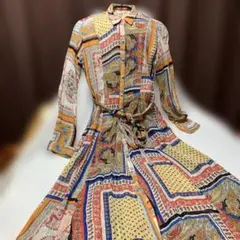 ZARA シャツワンピース マキシ丈 ペイズリー Aライン ベルト 総柄 ＸＳ