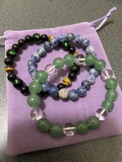 天然石ブレスレット 3本セットB｜グリーン×ブラック×ブルー系｜パワーストーン