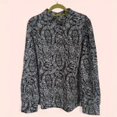 ペイズリー柄 長袖シャツ 黒白　XL