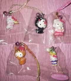 ​【未開封】ご当地キティ 根付 ストラップ 5点セット くまモン 奈良 鹿 京都