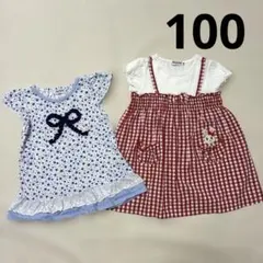 ミキハウス★ギンガムチェック赤ワンピース　花柄リボンレースチュニック　100