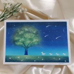 海と猫の風景画 朝日 オイルパステル画原画 ハガキサイズ 絵画 #161