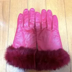 ファー付き　合皮レザー手袋 ワインレッド