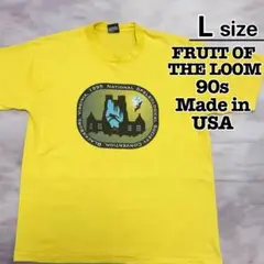 USA製　90s　フルーツオブザルーム　Tシャツ　L　イエロー　プリント　古着