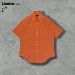 70sManhattan半袖シャツドレスシャツオレンジロングポイントカラー無地L