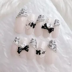 【現品】ツイード フレンチガーリー 推し活 イニシャル リボン 黒 推しネイル