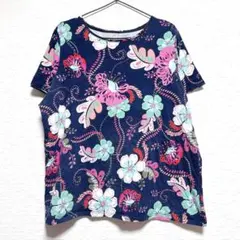 タルボット 総柄 花柄 Tシャツ クルーネック 半袖 ゆったり 紺 緑 綿 2Xのサムネイル