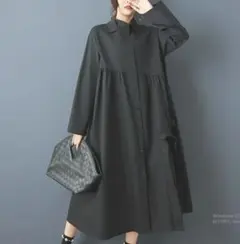 リボンデザイン　アシンメトリー　ロングワンピース　体型カバー　ワンピース 黒