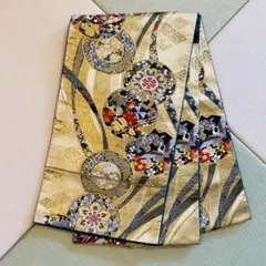 金色の花柄 袋帯 振袖用袋帯Nof0-025金流水手鏡　成人式着付けにも