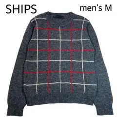 【men's M】 SHIPS チェック柄　ニット　ウール100% グレー