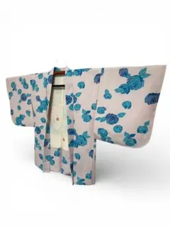 しつけ糸付 青いバラ柄 薄ピンクの羽織 袷 アンティーク ヴィンテージ 和洋折衷