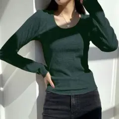 新品未使用　リブトップス　ロンT XL 緑　グリーン